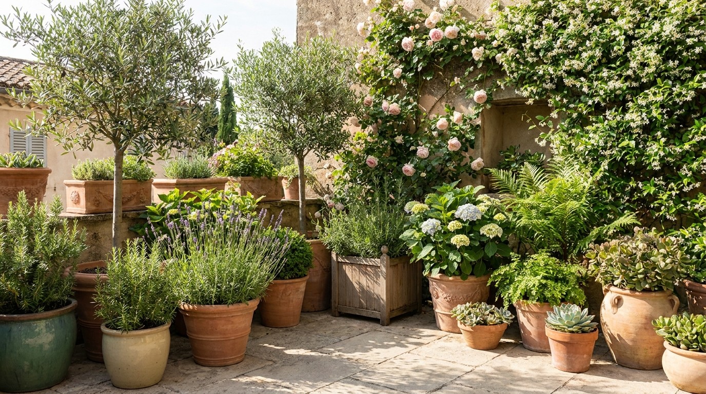 растения в кадках на патио, контейнерное озеленение