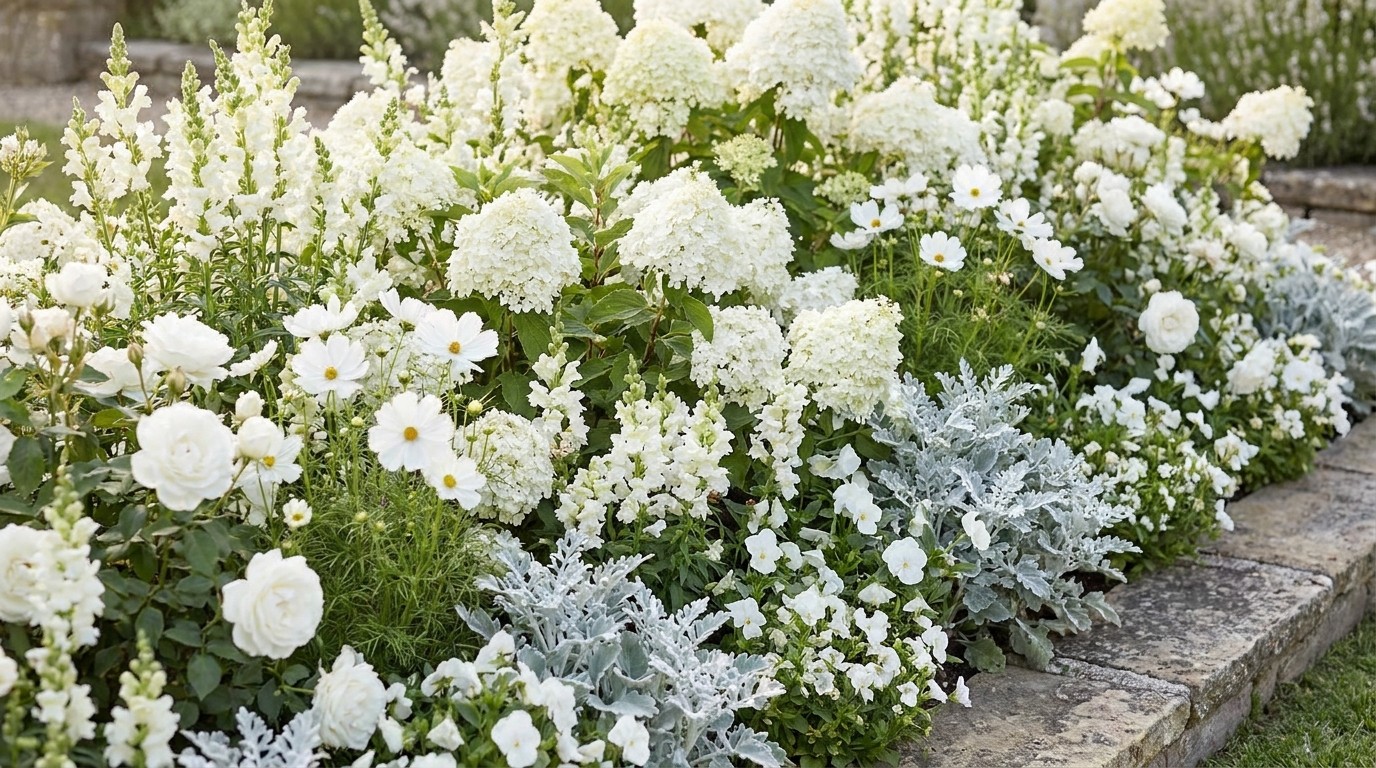 белый цветник, лепестки и пушистая зелень