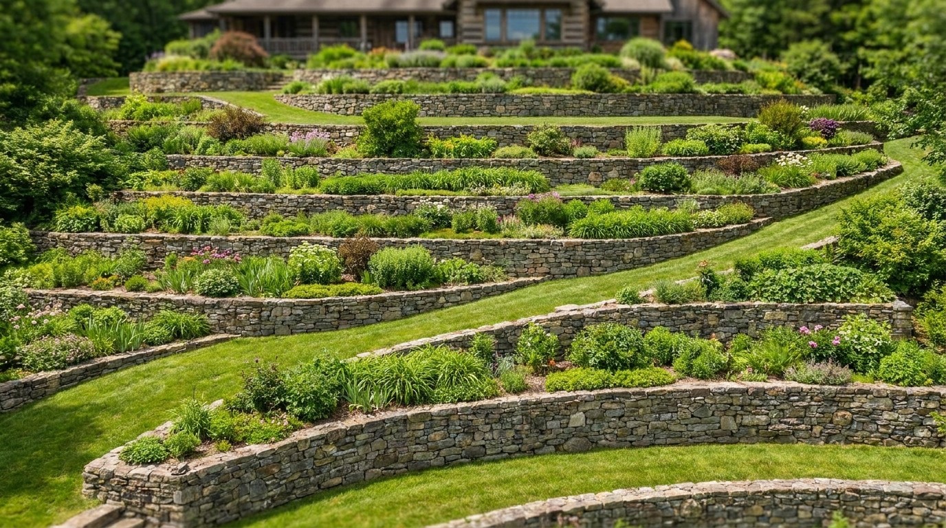 ярусный склон, террасы в саду