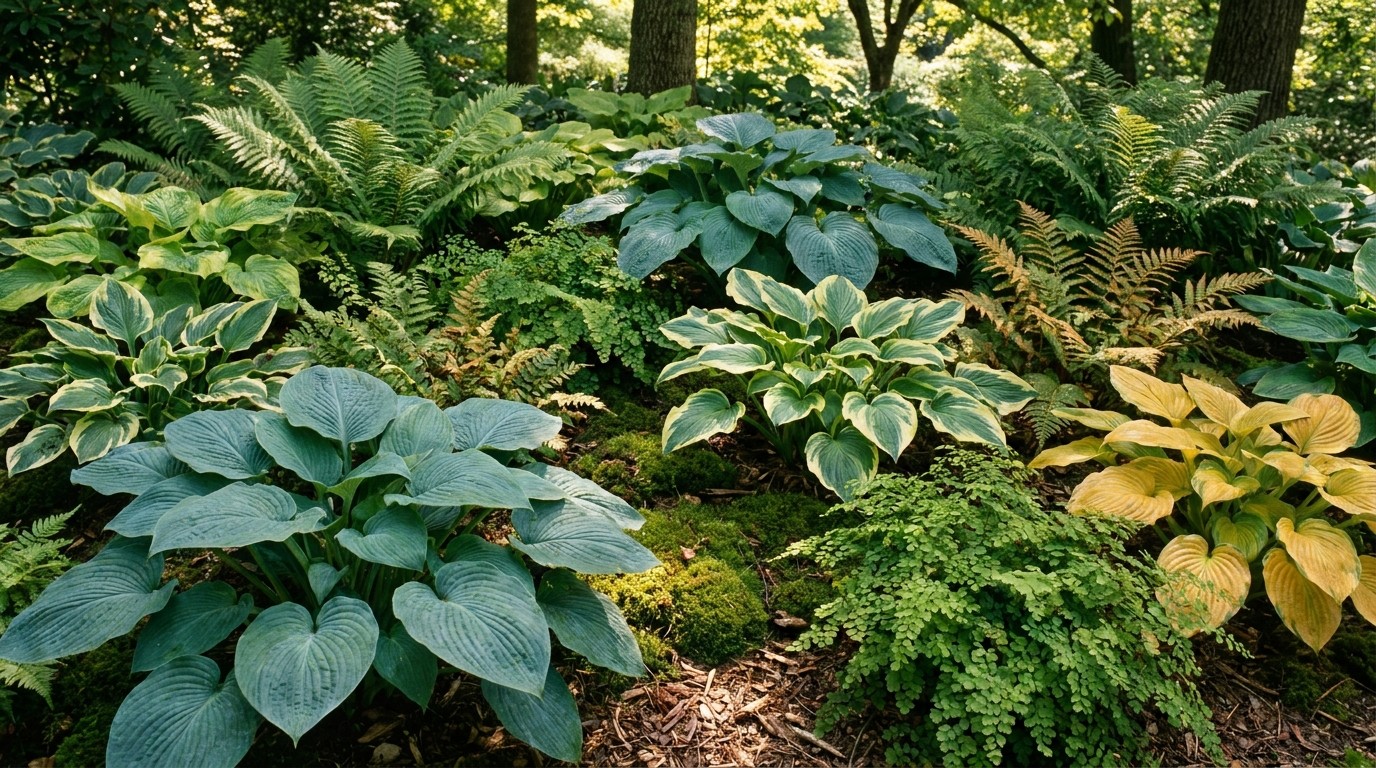 хосты, папоротники, теневой цветник