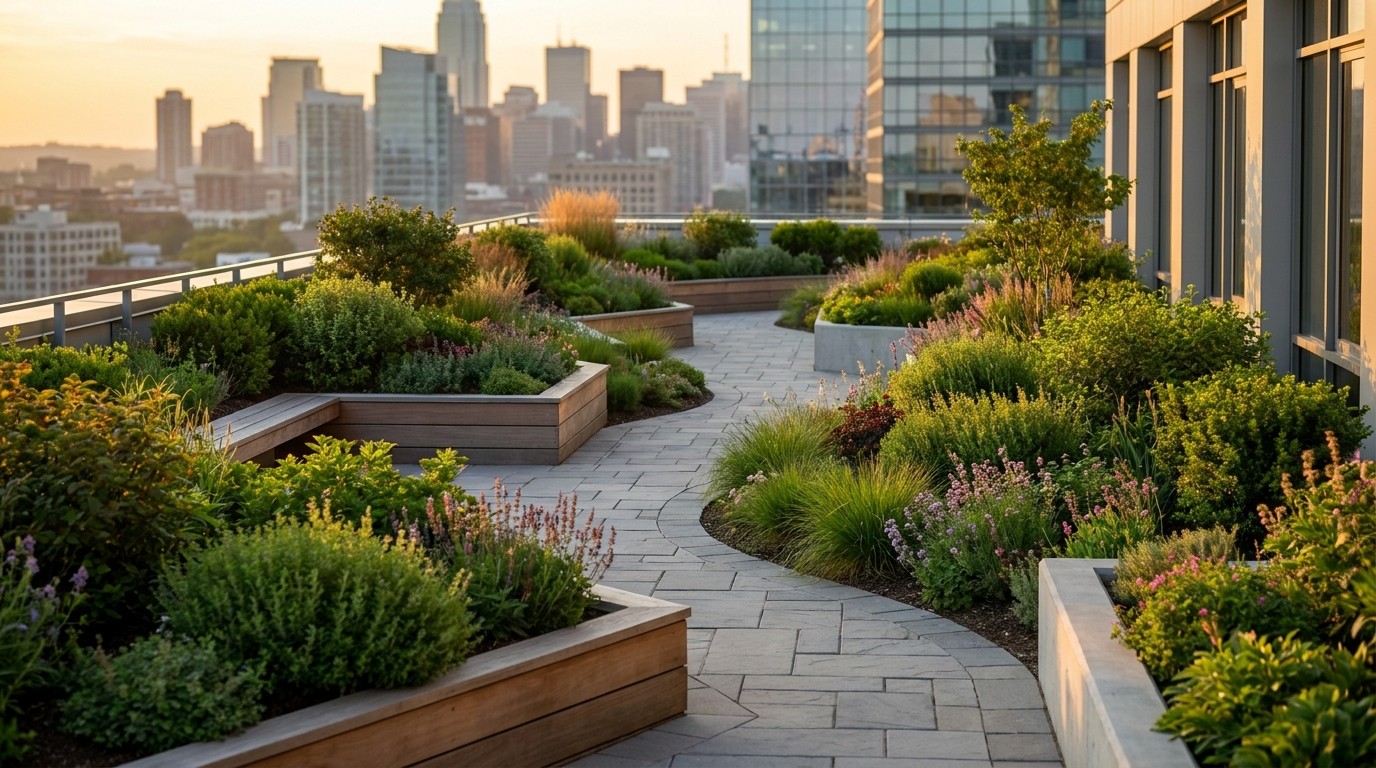 эксплуатируемая кровля, плитка, озеленение на крыше