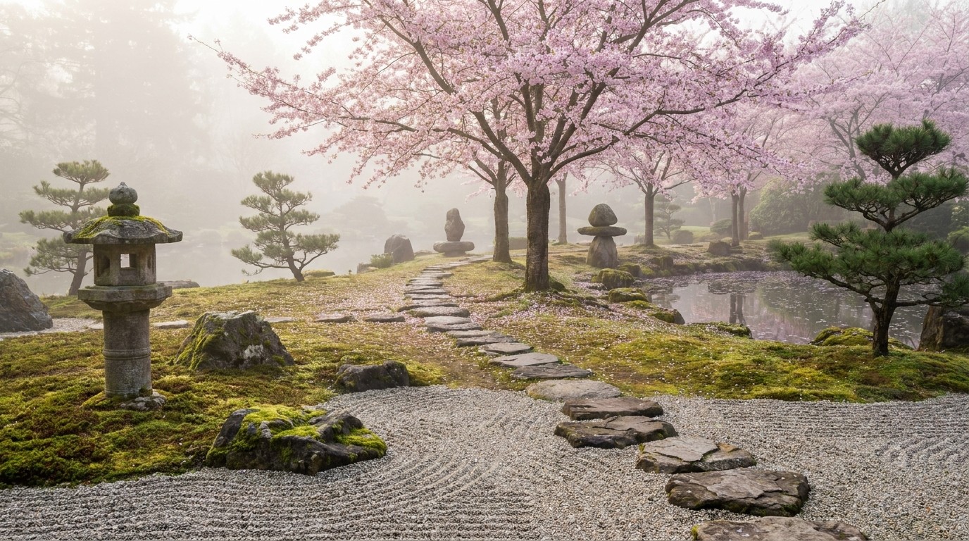 японский сад, гравий, мох, камни