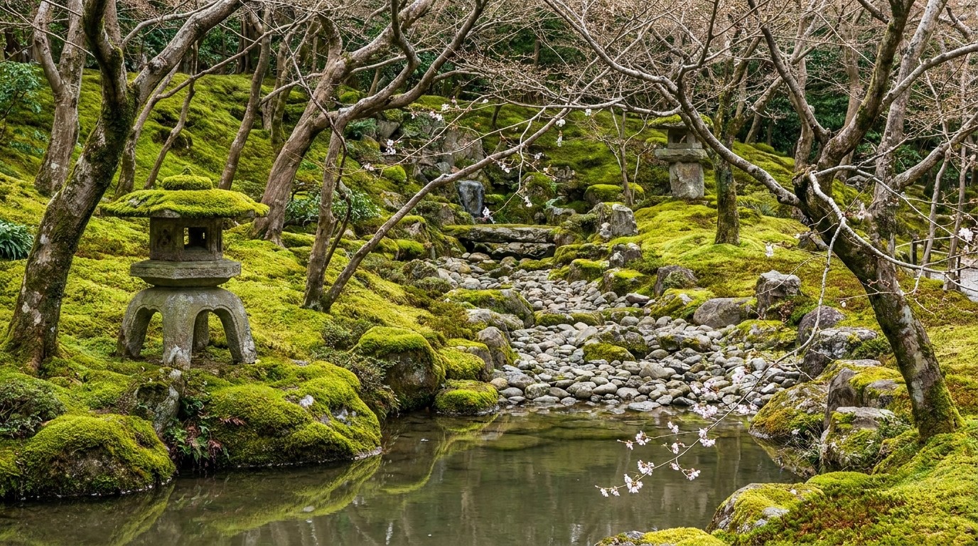 сакура, японский сад, вода, камни