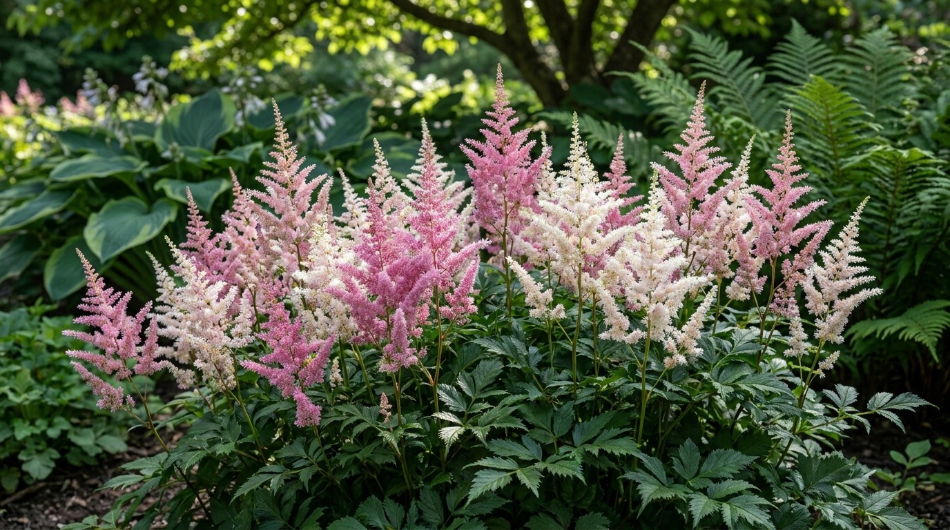 хосты, папоротники, теневой цветник
