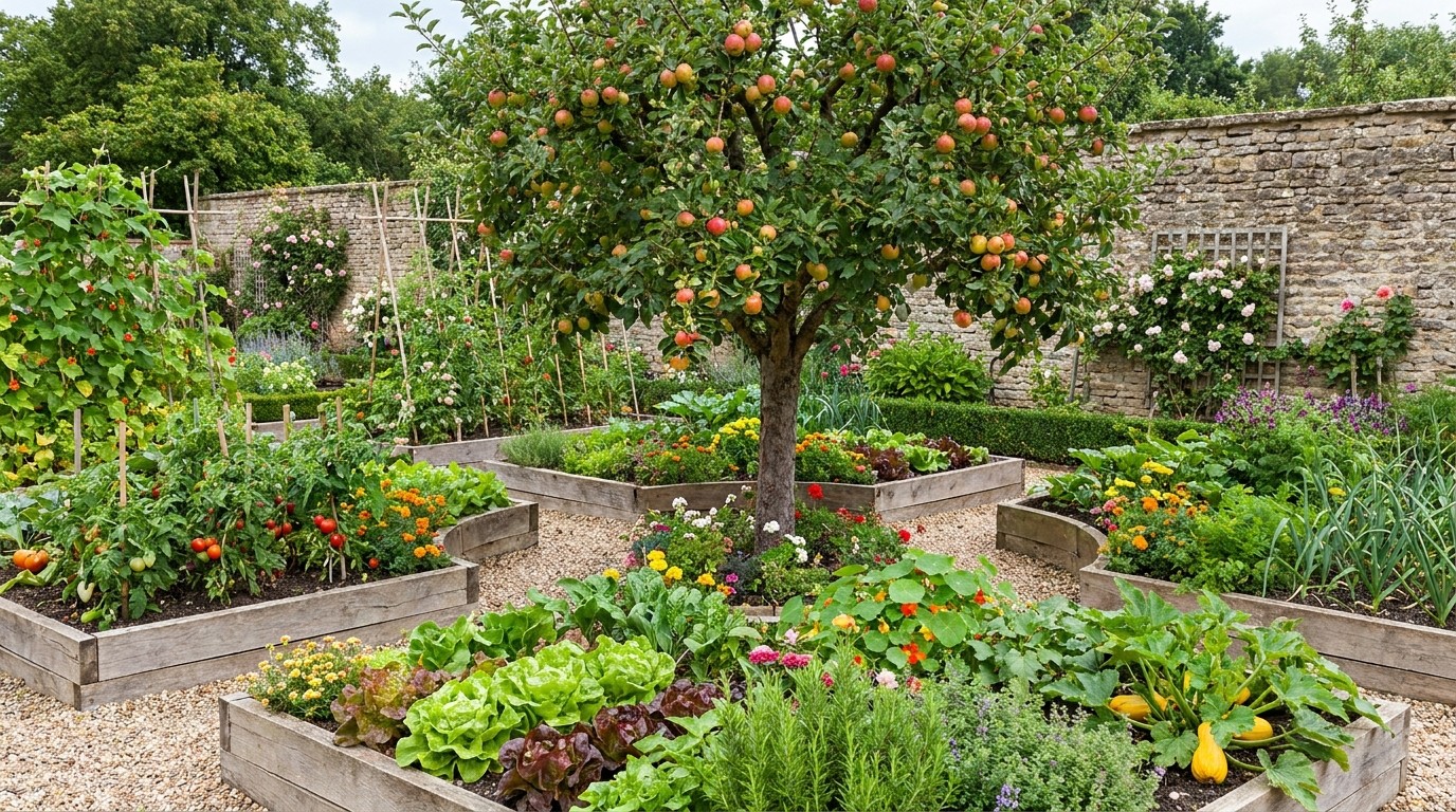 🍎 Продуктивный декоративный сад — • Красиво И вкусно — принцип «едобного ландшафта»
 • Яблоня: весеннее цветение + осенний урожай
 • Шиповник: витамин С + ароматная изгородь
 • Калина: ягоды + осенняя декоративность
 • Пионы: роскошь для души, иллюстрация к теме