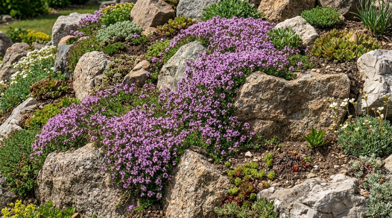 🏔️ Альпийский и горный сад — • Имитация горного ландшафта с камнями
 • Низкие почвопокровники заполняют трещины
 • Можжевельник и горная сосна — вертикали
 • Лапчатка цветёт с июня по октябрь
 • Ракитник на сухих каменистых откосах
 • Тимьян — ароматный ковёр между камнями
 • Не требует полива после укоренения, иллюстрация к теме