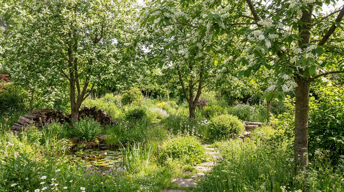 🦌 Сад дикой природы (Wildlife Garden) — • Приоритет — биоразнообразие
 • Шиповник кормит птиц всю зиму
 • Черёмуха — весенний нектар для пчёл
 • Рудбекия, иллюстрация к теме