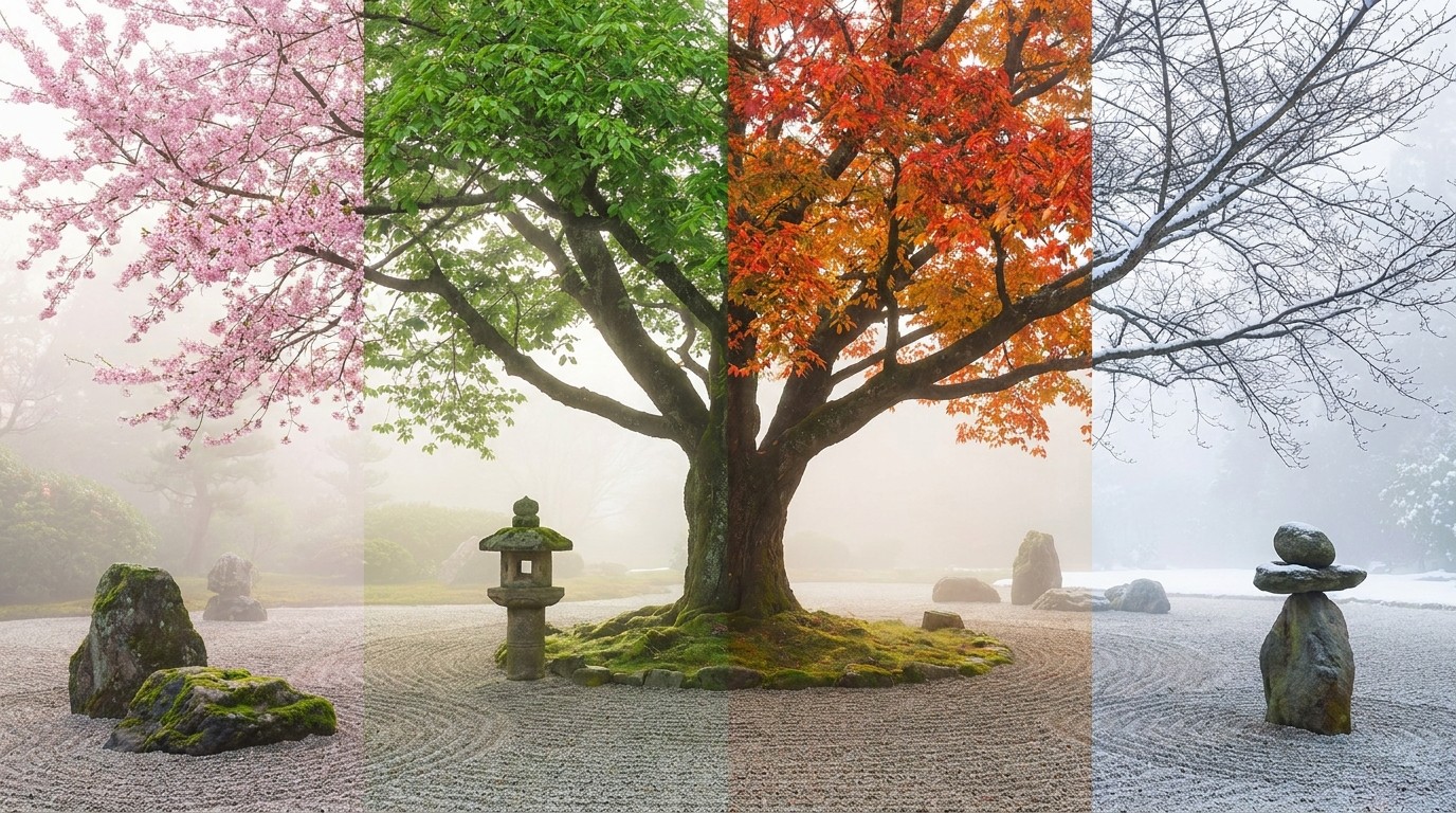 японский сад, гравий, мох, камни